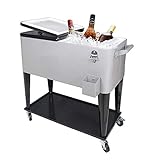 SHAREWIN 80 QT Rolling Cooler Cart Ice Chest for Outdoor Patio Deck Party Portable Party Bar Cold Drink Beverage Cart Tub, Backyard Cooler Trolley on Wheels with Shelf, Bottle Opener Silvery