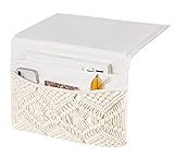 Mkono Macrame Bedside Caddy Storage Organizer Boho Remote Control Tablet Magazine Holder with 4 Pockets Non-slip Countertop Bedside Caddy for Home Bedroom Living Room College Dorm Bed, Ivory