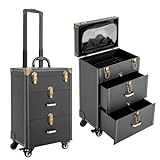 LEYSRIS Lockable Rolling Makeup Case Cosmetic Case with Universal Wheels, 3-Tier Black Trolley Makeup Train Case 88.2 lbs Professional Makeup Case for Nail Tech Hairstylist Barber