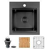 LQS Black Top Mount Bar Sink, RV Sink, Handmade Stainless Steel Bar Sink 16' x 18', 16 Gauge Workstation Sink, Small Single Bowl Kitchen Sink with Cutting Board, Sink Protectors and Accessories