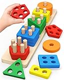 Montessori Toys for 1 to 3-Year-Old Boys Girls Toddlers, Wooden Sorting & Stacking Toys for Toddlers and Kids Preschool, Educational Toys, Color Recognition Stacker Shape Sorter, Learning Puzzles Gift