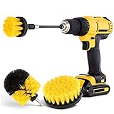 HIWARE Drill Brush Attachment Set, Yellow, Plastic Handle, 3 Sized Brush Heads for Cleaning Bathtub, Shower, Floor, Carpet, Kitchen, Bathroom, and More