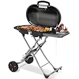 Portable Propane Gas Grill,15,000 BTU BBQ Grill with Top Cover Lid, 406 sq.in. Grilling Areas, 2 Wheels, Built-in Thermometer, Barbecue Gas Grill for Patio,Party,Black