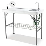 Hupmad 37' Folding Fish Cleaning Table w/Faucet & Sink, Outdoor Portable Fillet Station w/Grid Frame, Knife & Standard Garden Spray Nozzle, Multifunctional Washing Table for Camping or Kitchen, Grey