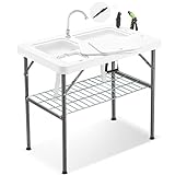 Avocahom 37' Folding Fish Cleaning Table Portable Camping Sink Table w/Dual Water Basins, Faucet Drainage Hose & Sprayer Outdoor Fish Fillet Cleaning Station w/Knife