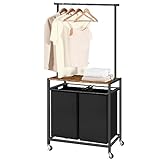 MAHANCRIS Laundry Sorter with Hanging Bar, Laundry Hamper 2 Section with Clothes Rack, Rolling Laundry Cart on Wheels, Pull-Out and Removable Laundry Hamper Basket with Shelf, Rustic Brown LHHR9101