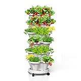 Tectsia Strawberry Vertical Planters, 6 Tiered Stacking Tower Garden, Stackable Herb Vegetable Planters with Movable Casters and Bottom Saucer Indoor and Outdoor - White