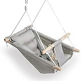 Baby Swing Indoor and Outdoor, Canvas Hammock Swing for Baby to Toddler with a Comfortable Seat, Macaroon Wooden Toy, Adjustable 5-Point Harness,3 Modes,Gift for Baby Boys Girls, Grey