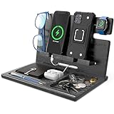 BARVA Wood Docking Station Nightstand Organizer 2 Phone Wallet Watch Stand Key Holder Tablet Tech Gadgets Charging Dock Desk Accessories Bedside Caddy Birthday Gifts for Men Home Organization EDC Tray