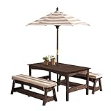 KidKraft Outdoor Wooden Table & Bench Set with Cushions and Umbrella, Kids Backyard Furniture, Espresso with Oatmeal and White Stripe Fabric, Gift for Ages 3-8, 42.25' x 22.75' x 19', Honey