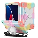 EayCoul for iPad 9th Generation Case /8th/7th Generation Case (2021/2020/2019), Heavy Duty Shockproof Rugged Protective Cover with Shoulder Strap & Butterfly Stand for iPad 10.2 Case (Rainbow Pink)