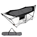 GLOBALWAY Portable Folding Hammock w/Side Pocket, Lounge Camping Bed w/Metal Stand & Anti-tip Buckles, Outdoor Camping Hammock with Carrying Bag for Patio Garden Yard, Easy Assembly (Black)