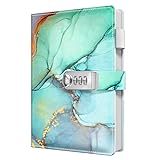 Huamxe Diary with Lock, Personal Locking Journal for Women girls, Leather Hardcover Notebook A5 5.9' x 8.7', 200 Pages Thick Paper, Cute Lined Journals for Writing Journaling Adults, Green Ink Marble