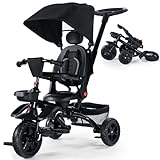 Kinder King Kids Tricycle, 7 in 1 Folding Toddler Trike w/Adjustable Push Handle, Rotatable Seat, Adjustable Canopy, Safety Harness, Storage, Toddler Stroller Bike for Age 6 Months+,Black