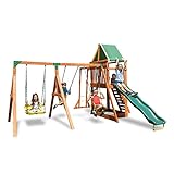 Sportspower Amazon Exclusive Olympia Wood Swing Set with 3 Swings, Slide, and Monkey Bars, Natural/Green with Slide