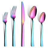 E-far Rainbow Silverware Set, 20 Piece Stainless Steel Flatware Set Service for 4, Colorful Knives Forks Spoons Utensils Set with Square Edge, Mirror Polished