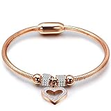 Jude Jewelers Stainless Steel Heart Charm Cubic Zircon Anniversary Valentine Bangle Bracelet (Rose Gold)