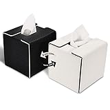 Tissue Box Cover Square PU Leather Tissue Box Holder Cube, KINGFOM Reversible Box Covers for Kleenex, Napkin, Dryer Sheet Dispenser for Car, Bathroom, Office, Home Decor - Black/White(1 pcs)
