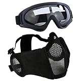 AOUTACC Airsoft Protective Gear Set, Half Face Mesh Mask with Ear Protection and Tactical Goggles for Kid Adult Men Women BBS Paintball Shooting CS Survival Games Cosplay (Black)