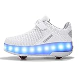 Ehauuo Kids Two Wheels Shoes with Lights Rechargeable Roller Skates Shoes Retractable Wheels Shoes LED Flashing Sneakers for Unisex Girls Boys Beginners Gift(3.5 M US Big Kid, B-White)