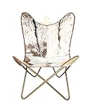 PARRYS LEATHER WORLD Handmade Goat Hair Leather Butterfly Chair - Comfortable Iron Frame Brown and White Leather Lounge Chair - Foldable Relaxing Chair for Indoor Outdoor Use