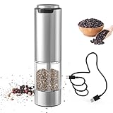 CIRCLE JOY Rechargeable Electric Pepper Grinder, Stainless Steel Pepper Mill with Washable 95 ml Container, White LED Light and Adjustable Coarseness