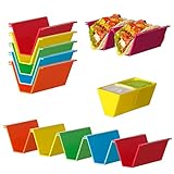 Colorful Taco Holder Stands - Set of 12 with 2 Condiment Dishes,Taco Tray Plates for Taco Bar Gifts & Accessories,Large Plastic Stackble&Convenient Taco Shell Rack,BPA-Free, Dishwasher&Microwave Safe