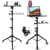 Tossbiss Laptop Tripod on Wheels with 2 Shelves, Portable Projector Floor Stand Adjustable Height 25.9 to 51.8 Inch with Phone Holder
