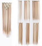 SWACC Women 22 Inches Straight Full Head 7 Separate Pieces Heat Resistance Synthetic Hair Clip in Hair Extensions (Dark Honey Blonde/Bleach Blonde Highlights-16H613)
