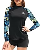 Holipick Black Floral Women's Long Sleeve Rash Guard Swim Top UV UPF 50+ Sun Protection Swim Shirt Swimsuit Top Only M