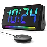 Super Loud Dual Alarm Clock with Ultrathin Bed Shaker, 99dB Loud Buzzer, Large RGB Rainbow Display, LED Night Light, USB Charger Port, Bedside Vibrating Alarm Clock for Heavy Sleepers, Adults, Bedroom