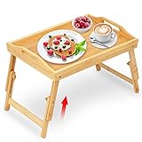Mayyol Breakfast Bed Tray for Eating - Raised Food Table Up to 9.5' on Lap Sofa - Adjustable Bamboo Serving Tray - Portable Snack Platter with Folding Legs Ideal for Bedroom Picnic