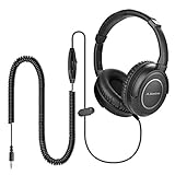 Avantree HF039 Long Coiled Cord Headphones for TV and PC with Volume Control, Stero/Mono Control,16.4 Feet / 5M Extended Range Cable, 3.5mm AUX Audio, Stereo Sound Spiral Wired Over Ear Headphones