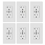 ELEGRP 30W 6.0 Amp 3-Port USB Wall Outlet, 20 Amp Receptacle with Dual USB Type C Type A Ports, USB Charger for iPhone, iPad, Samsung and Android Devices, UL Listed, with Wall Plate, 6 Pack, White