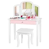 Costzon Kids Vanity Table, Princess Makeup Dressing Table with Drawer & Tri-Folding Mirror, 2-in-1 Vanity Set with Detachable Top, Pretend Beauty Play Vanity Set for Girls (White)