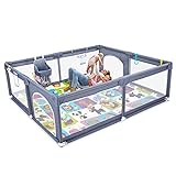 Baby Playpen with Mat, 79”×71” Extra Large Playpen for Babies and Toddlers, Play Yard for Baby with Ocean Ball, No Gap Baby Fence Area with Breathable Mesh, Safety Baby Gate Playpen(Grey)
