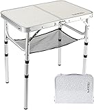 Small Folding Table 2 Foot, Portable Camping Table with Mesh Holders,Lightweight Aluminum Adjustable Height, with Carry Handle for Camping Picnic Indoor Outdoor, White 24 x 16 inch (3 Heights）