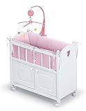 Badger Basket Cabinet Doll Crib with Gingham Bedding, Musical Mobile, Wheels, and Free Personalization Kit