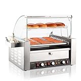 30 Hot Dog 11 Roller, Hot Dog Roller Warmer Grill Cooker Machine w/Bun Warmer, Cover, Dual Temp Control, LED Light, Removable Shelf & Drip Tray for Party Home Commercial 2000W