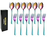 12 Pieces Rainbow Forks and Spoons Set for 6, KITWARE Stainless Steel Flatware Cutlery Set, Colored Silverware Set Kitchen Utensils Set for Home, travel and Resturant, Dishwasher Safe