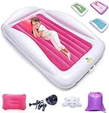 Sleepah Inflatable Toddler Travel Bed Portable Kids Air Mattress Set w Safety Bed Rail Guards for Kids & Toddlers – Set Includes Pump, Carry Case, Pillow & More - Perfect Transitional Cot Coral