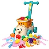 deAO Toddlers Shopping Cart Toy, 35 PCS Cutting Play Foods Kids Shopping Cart Pretend Food Fruits Vegetable Playset, Included Basket 2 in 1 Trolley, Educational Learning Toy Kitchen for Boys Girls