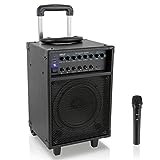 Pyle Wireless Portable PA System-400W Bluetooth Compatible Rechargeable Battery Powered Outdoor Sound Stereo Speaker Microphone Set w/Handle, Wheels-1/4 to AUX, RCA Cable (PWMA230BT)
