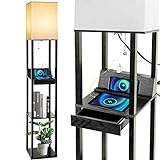 Floor Lamp with Shelves, RUNTOP LED Shelf Floor Lamp with Wireless Charger & 2 Charging USB Ports & Drawer, AC Outlet, 3 Color Temperature Tall Standing Lamp with Bulb for Living Room, Bedroom, Office