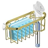 Yazoni 2-in-1 Sponge Holder for Kitchen Sink, Suction Cup Rack Caddy, No Drill Rustproof Kitchen Sink Organizer for Place Dishwashing Brush Soap and Sponge (Gold)