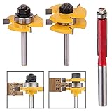 1/4-Inch Shank Matched Tongue Groove Router Bit Set, Aulufft 2 pcs 1/4' Shank 3 Teeth T-Shape Wood Milling Cutter & Flush Trim Router Bit for Cabinet Drawer Lock