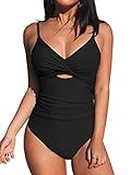 CUPSHE One Piece Swimsuit for Women Bathing Suits Twist Front Cutout Adjustable Straps Ruched Swimwear L, Black