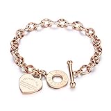 VQYSKO Heart Charm Bracelet for Women-18k Gold Plated Silver/Rose Gold OT Clasp Girls Stainless Steel Bangle，Mother's Day Valentine's Day Christmas Birthday Gift (Rose Gold, 6.7inch)