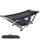 Lineslife Portable Hammock with Stand, Collapsible Foldable Hammock Includes Removable Pillow, Storage Net, Side Pocket with Cup Holder for Camping Beach Patio Travel Blue+Grey