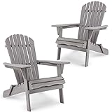 Fastroby Folding Adirondack Chair Set of 2 Solid Wood, 300 LBS Outdoor Patio Chairs Set of 2, Tall Comfortable Fire Pit Chair for Garden/Yard/Patio/Lawn, Grey